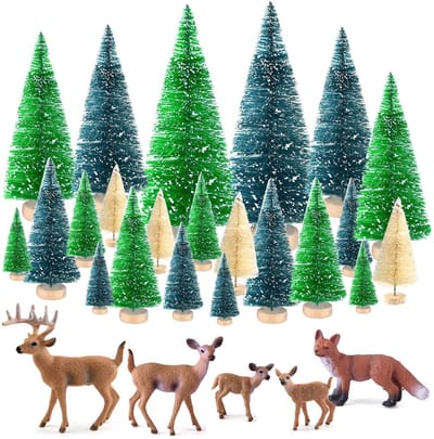 Dailygoods- Miniatuur Bomen 25 Stuks - Sisal Bomen - Flessenborstel Bomen - Miniatuurfiguren - Bosdieren - Kunststof Decoratie - Kerstdecoratie