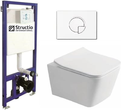 Wit/Zwart Spoelrandloze WC Set met Soft Close Zitting en Inbouwspoelbak voor Muur Toilet