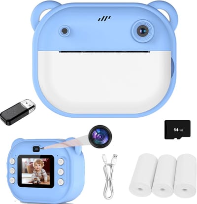 ECTEATOY® Kids Print Camera - Pocket printers - Mini cameraprinter - 1080P - Klik om foto's af te drukken - 64GB SD Kaart & Kaartlezer - Inktloos printen via Bluetooth in HD-kwaliteit - Compatibel met Android- en iOS-apps - Blauw