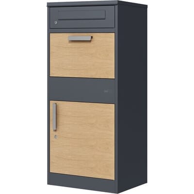 AXI Levi Pakketbrievenbus van Metaal Antraciet/Houtlook – Parcel Box voor meerdere pakketjes – Inclusief slot en apart vak voor post – 50,6 x 38,3 x 112 cm