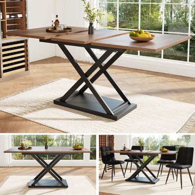 Eettafel Uitschuifbaar - 120-160 x 80 cm - Keukentafel Met Gekruiste Poten - Ruimtebesparend - MDF En Metaal - Walnoot