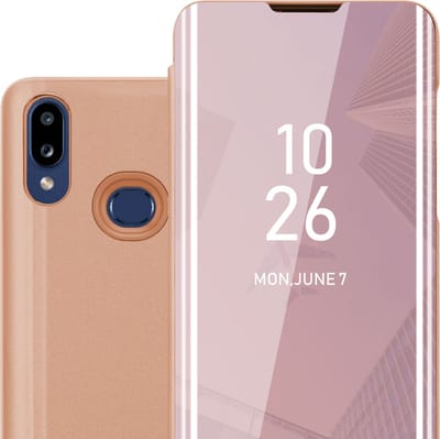 Cadorabo Hoesje geschikt voor Samsung Galaxy A10s / M01s in KUNZIET ROZE - Clear View Spiegel Beschermende Case met Tribunefunctie 360 Graden Bescherming Book Case Cover Etui