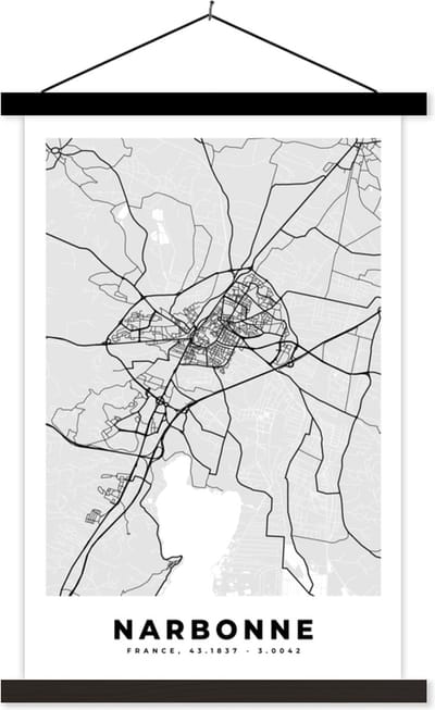 Posterhanger incl. Poster 40x60 cm - Schoolplaat - Stadskaart - Frankrijk - Kaart - Narbonne - Plattegrond - Textielposter - Zwarte latten - Stadskaart