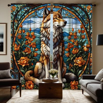 2 pièces fleurs colorées HD Loup Solitaire rideau décoratif Jaune attache rideau imprimé numériquement décoration maison style décoration salon W52H63inchW132H160cm brown