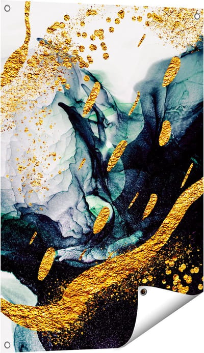 Gards Tuinposter Abstracte Kunst - Zwart Wit met Gouden Strepen - 60x90 cm - Tuindoek - Tuindecoratie - Wanddecoratie buiten - Tuinschilderij