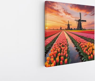 Saammp Canvas Schilderij - Landschap - bloemenveld met molens en een zonsondergang - Natuur - 20x20 - Foto op canvas - Wanddecoratie - Muurdecoratie Woonkamer - Slaapkamer decoratie - Canvas Print