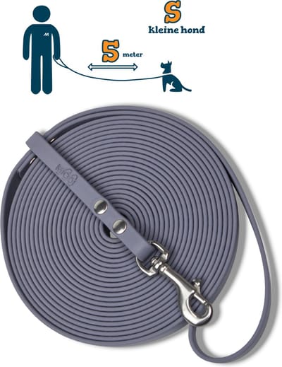 Miqdi lange lijn - BioThane – grijs - 5 meter lang – 9mm breed – XS/S – kleine hond – lange hondenriem