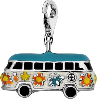 Quiges – Charm – Hanger - 3D Hippie Bus - Verzilverd - karabijnslot - geschikt - voor - Bedelarmband - QHC047