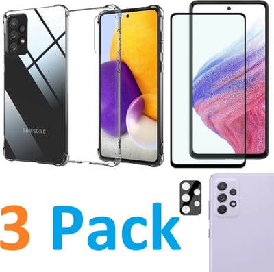 Anti-Schok Siliconen Hoesje Back Cover + Display Full Tempered Glass Screen Protector  + Camera lens Beschermer zwart Geschikt voor: Samsung Galaxy A73 5G