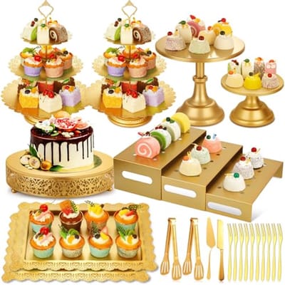Desserttafel Displayset - Taartstandaard Set - Feestelijke Decoratie - Roestbestendig Metaal - Inclusief 10 Delig - Goudkleurig