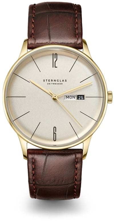 Sternglas S01-BE14-HE01 BERLIN Heren Horloge - Saffierglas - Staal/Leer - Bruin/Goudkleurig - Ø 38 mm - Quartz - Gesp - 5 ATM (douchen)