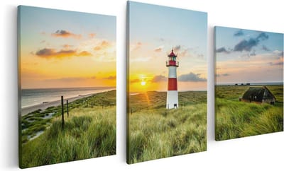 Artaza Canvas Schilderij Drieluik Vuurtoren met Zonsopgang op een Eiland - 120x60 - Foto Op Canvas - Canvas Print