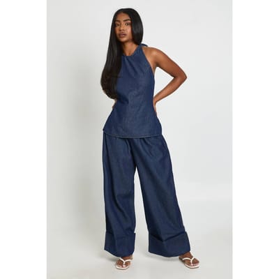 boohoo Dames Chambray Haltertop Met Strikband & Wijde Broek Met Omslag | Indigo | Maat: 34