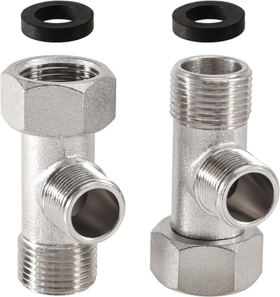 Set van 2 T-stukken voor hoekkranen 3/8 inch tot 9/16 inch - messing 3-weg klep voor toilet en wasmachine, draaibaar met verbinding zonder moeren