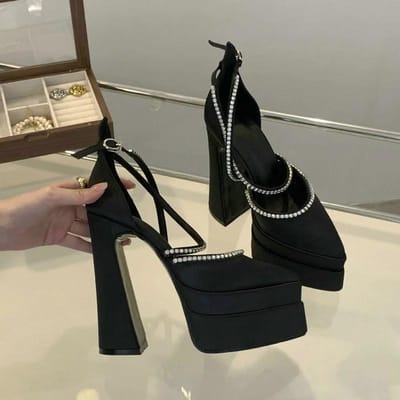 Zomer Nieuwe Mode Platform Dikke Hakken Puntige Satijnpumps Dames Enkelschoenen 35