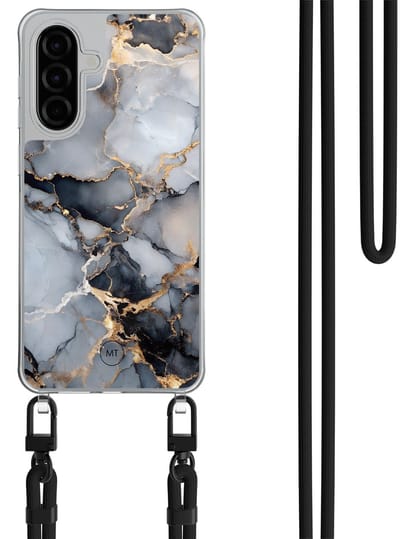 Hoesje met koord geschikt voor Samsung Galaxy A36 - Marble mist - Inclusief Zwart koord - Crossbody beschermhoes - Transparant, Grijs, Goud - Mooie Telefoonhoesjes