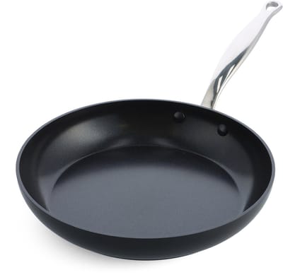 Greenpan Barcelona Aluminium Koekenpan Ø 26 cm – PFAS-vrij – Inductie Koekenpan – Ovenbestendig tot 220°C – Vaatwasserbestendig – Snelle opwarming – RVS handgrepen - Zwart