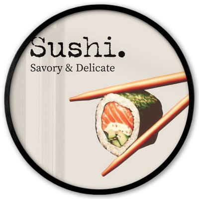 Poster in lijst Rond - Fotolijst 40x40 cm - Posters - Sushi - Zalm - Rijst - Japans - Ronde posterlijst zwart - Decoratie - Wanddecoratie woonkamer - Muurdecoratie slaapkamer