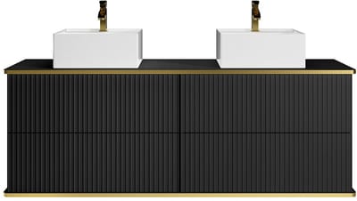Vente-unique Hangmeubel voor badkamer met ribbels en goudkleurige rand met vierkante dubbele opbouwwastafel met 4 lades - Zwart - 150 cm - KELIZA
