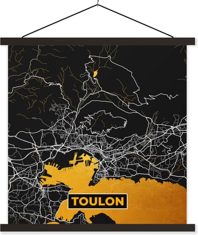 Posterhanger incl. Poster 60x60 cm - Schoolplaat - Kaart – Stadskaart – Toulon - Plattegrond – Frankrijk - Textielposter - Zwarte latten - Stadskaart