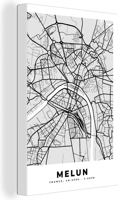 Canvas Schilderij Kaart – Stadskaart – Frankrijk - Melun - Plattegrond - 20x30 cm - Wanddecoratie
