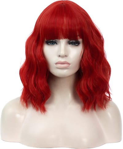 KIMU® Luxe Rood Pruik Schouderlengte - Rechte Pony Krullen - Donkerrood Vampier Halloween Eng Creepy Ariel Zeemeermin Festival