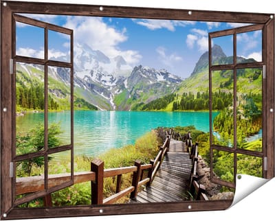 Gards Tuinposter Doorkijk Pad naar een Helder Blauw Meer in de Bergen - 150x100 cm - Tuindoek - Tuindecoratie - Wanddecoratie buiten - Tuinschilderij