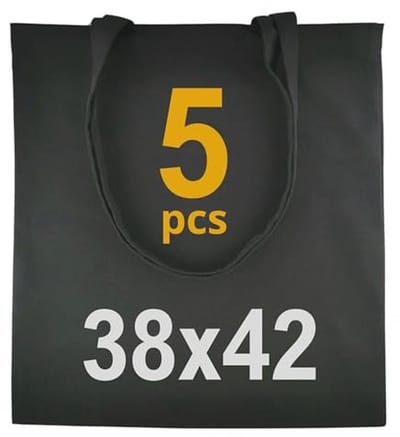 Pack van 5 katoenen tassen 38 x 42 cm - 220 g, onbedrukt, personaliseerbaar, met lange handvatten, zwart