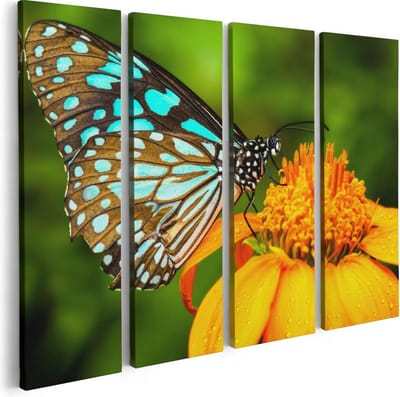 Artaza Canvas Schilderij Vierluik Blauwe Vlinder Bij Een Oranje Bloem - 80x60 cm - Wanddecoratie Woonkamer - Schilderijen - Muurdecoratie