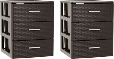 2x stuks ladeblok/bureau organizer met 3 lades rotan bruin 39,5 x 36,5 x 46,5 cm - Ladeblokken kantoorartikelen