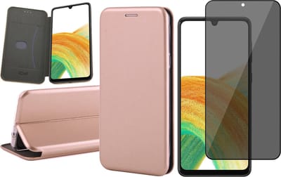 Hoesje geschikt voor Samsung Galaxy A33 - Book Case Kunstlederen Wallet Cover Minimalistisch Pasjeshouder Hoes Roségoud - Tempered Glass Privacy Screenprotector