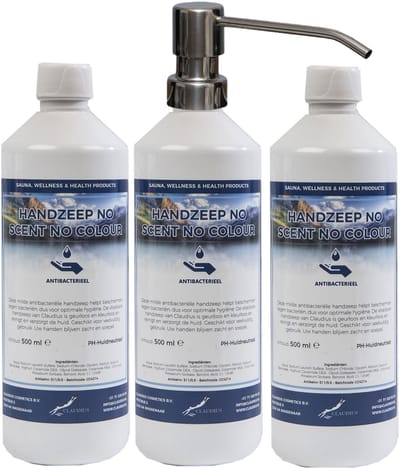 Handzeep No Scent No Colour 500 ml - set van 3 stuks - met gratis RVS zilverkleurige pomp - Voordeelverpakking