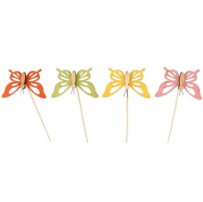 Bloemsteker vlinder deco houtkleurig 8,5cm 12st, 12 Stück