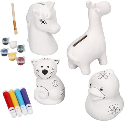 4-delige set spaarpotten voor meisjes om te schilderen, elk 1x eend, eenhoorn, giraffe & kat inclusief verf & kwast – 19280, 19284, 87697 & 87700