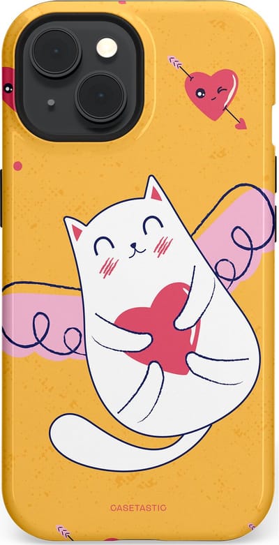 Casetastic Hoesje Geschikt voor Apple iPhone 15 Magsafe - Stijlvolle Beschermende Duo-layer Case - Kattenflirt Geel Rode Hartjes Liefde