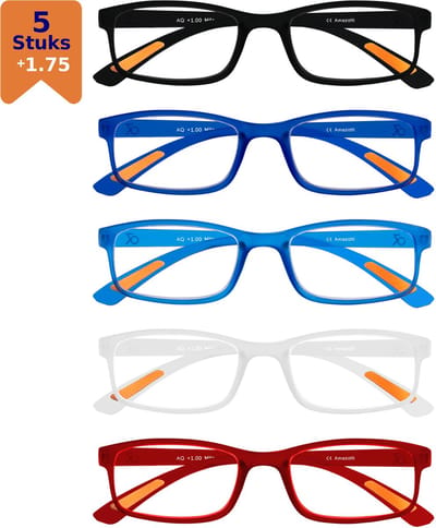 Amazotti Milano Leesbrillen +1.75 – Leesbril met sterkte – Trendy Italiaans Design – Dames en Heren – Kunststof – Set van 5