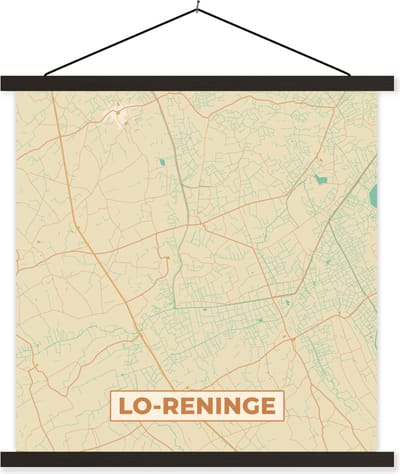 Posterhanger incl. Poster 60x60 cm - Schoolplaat - Stadskaart - Plattegrond - Kaart - Vintage - Lo-Reninge - Textielposter - Zwarte latten - Stadskaart