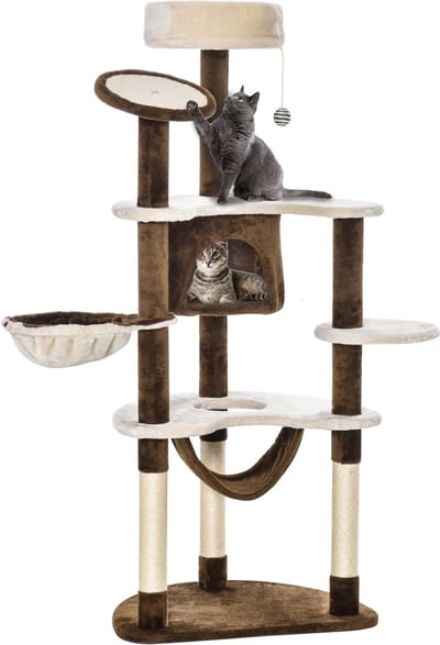 Merax Krabpaal XXL 153 cm Kattenboom met Hanggedeelte Kattenhuis en Pluche Bekleding Bruin