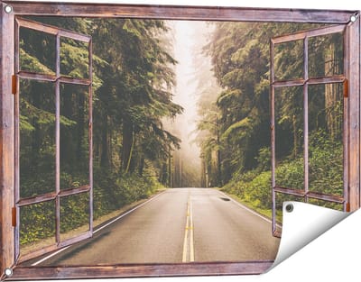 Gards Tuinposter Doorkijk Highway in Californië Omring met Bos - 90x60 cm - Tuindoek - Tuindecoratie - Wanddecoratie buiten - Tuinschilderij