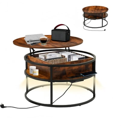 Ronde Salontafel - Woonkamertafel - Verstelbaar Werken - Met Opbergruimte - 80 x 80 cm - Bruin