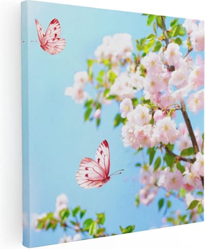 Artaza Canvas Schilderij Bloesem Met Vlinders - 30x30 cm - Klein - Wanddecoratie Woonkamer - Muurdecoratie Bloemen - Kamer Accessoires