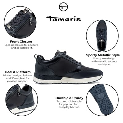 Tamaris Dames Marineblauwe Mode Veterschoenen met Rits