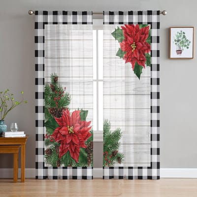 Winter Kerstster Bloem Vintage Transparante Gordijnen Voor Kinder Slaapkamer Woonkamer Voile Gordijnen Kerst Keuken Tule Gordijn 135W x 114H(cm) white