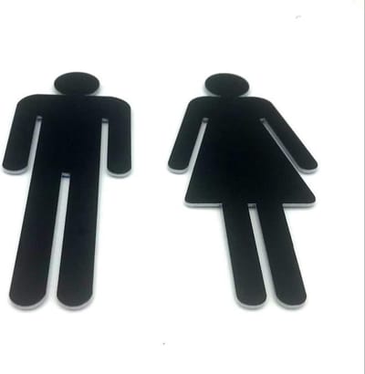 Deurbordje Toilet - WC bordjes - Tekstbord WC - Toilet bordje - Heren Dames - Man Vrouw - Bordje - Zwart - Pictogram - Set van 2 - incl. 3M-tape plakstrip - 5,5 cm x 15 cm x 1,6 mm - 5 Jaar Garantie