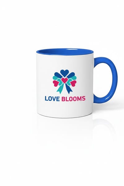 Love Blooms Harten Mok - Romantisch Cadeau met Hartstrik Design en Blauw Handvat