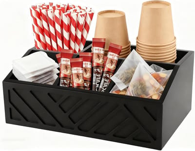 Houten Koffiestation Organiser met 5 Compartimenten, Koffiecapsulehouder en Kopjesorganiser voor Keuken, Koffiebar en Kantoor, Duurzame Opslagoplossing