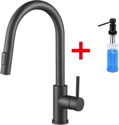 CECIPA max keukenkraan Met Uittrekbare Uitloop Zwart - Met Zeepdispenser 300ML - RVS keukenmengkraan - 360° draaibaar - Handdouche met 2 straalsoorten