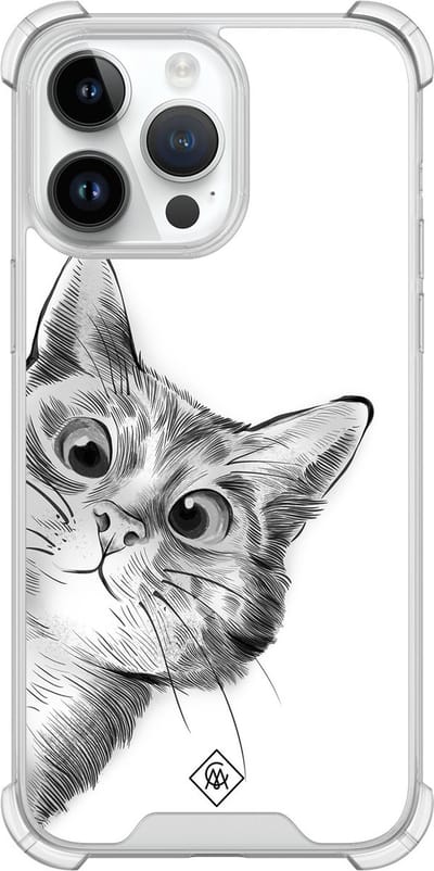 Casimoda® hoesje - Geschikt voor iPhone 14 Pro Max - Kat Kiekeboe - Shockproof case - Extra sterk - TPU/polycarbonaat - Grijs, Transparant
