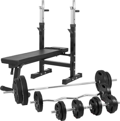 Gorilla Sports Halterbank Zwart Met 100 kg Halterset - Fitnessbank - Verstelbaar - Halterstang Met Gewichten - Gripper Kunststof