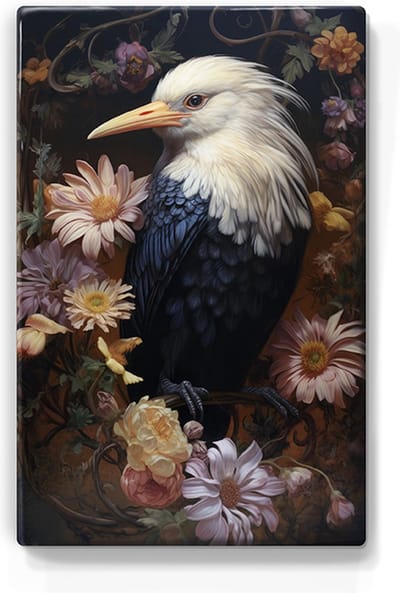 Zwar-witte reiger met bloemen - Laqueprint - 19,5 x 30 cm - Niet van echt te onderscheiden handgelakt schilderijtje op hout - Mooier dan een print op canvas. - LP314